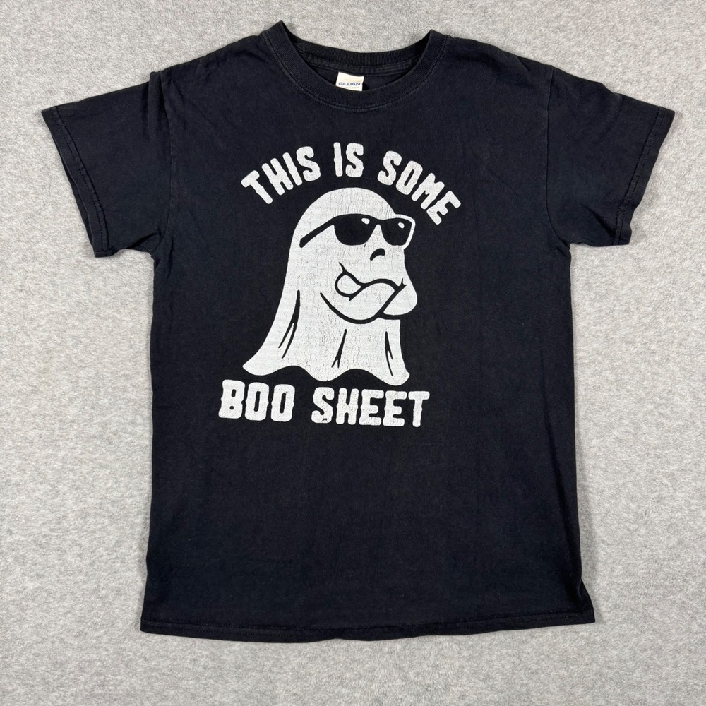 Gildan This Is Some Boo Sheet Graphic T-Shirt Adult Small Black Ghost Halloween